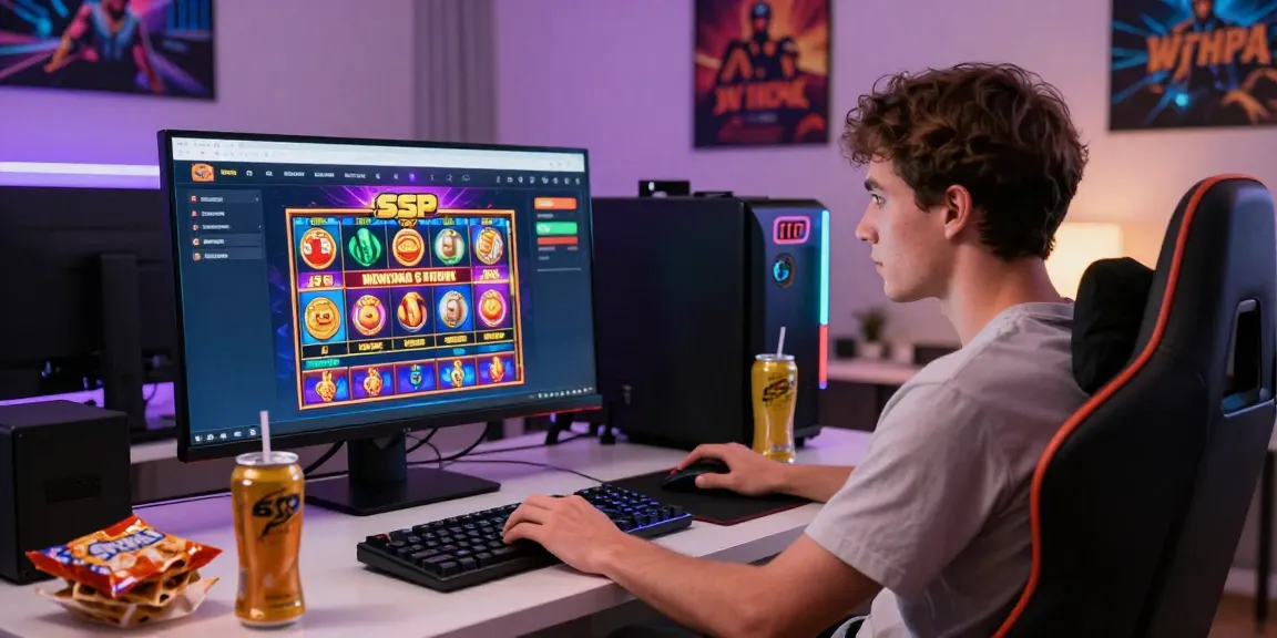 Engaging home gaming setup with a focused player enjoying sgp slot games on a computer.