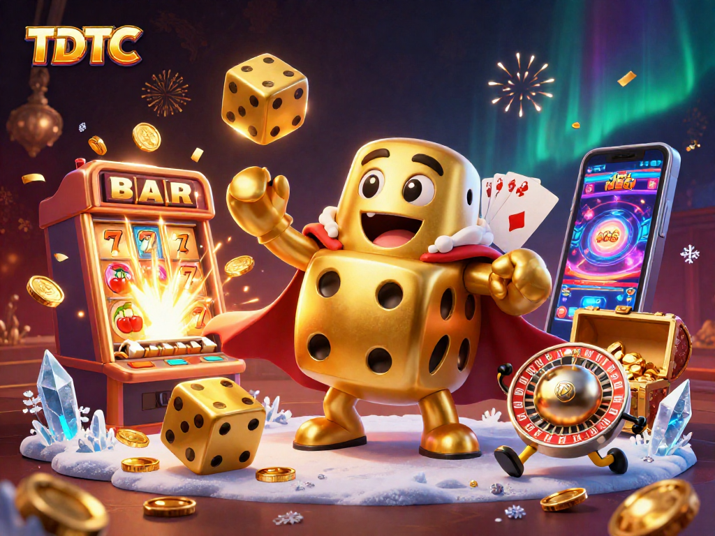 TDTC displays a dynamic casino scene with exclusive golden dice, colorful slot machine, and vibrant game elements.