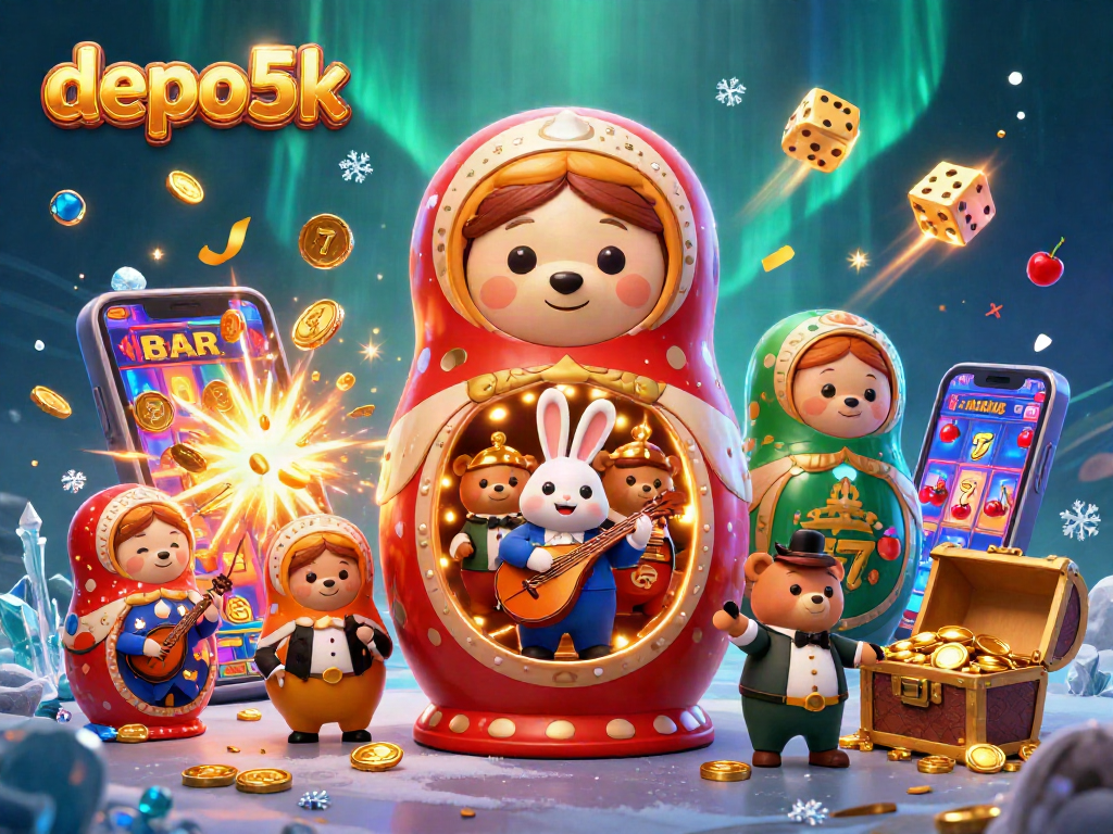 Win big with depo5k as a playful bear reveals stunning casino treasures around a colorful gaming scene.