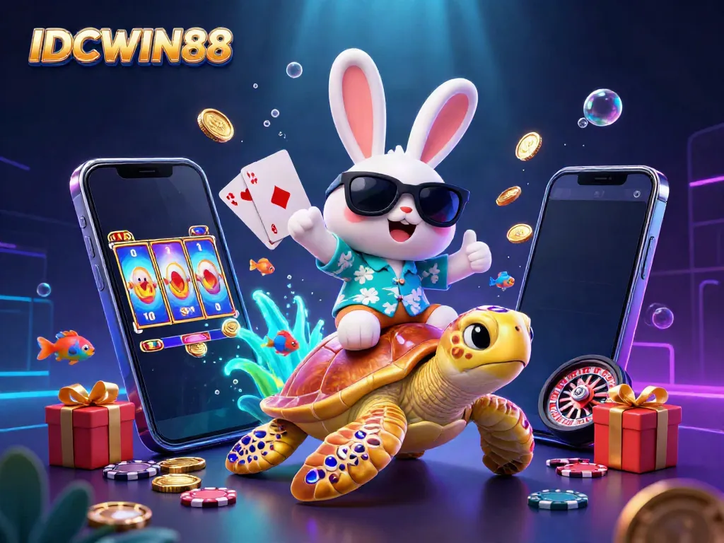 Experience virtual winnings at IDCWIN88 with a fun lucky rabbit and turtle in a colorful casino scene.