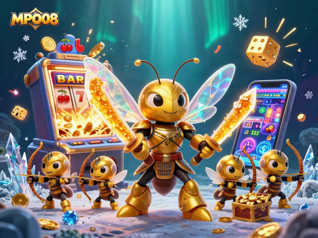 MPO08 ignites excitement with a giant hornet samurai amidst a slot machine jackpot explosion.