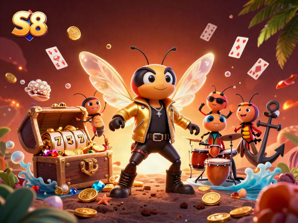 S8 slot game scene featuring vibrant 3D characters and a treasure chest overflowing with coins