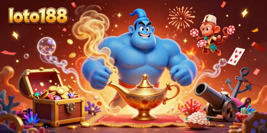 Experience the magic of loto188 with a dynamic genie scene filled with exciting casino elements.