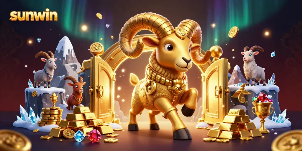 Engaging scene of sunwin's golden ram charging at a treasure vault door, showcasing high-stakes gaming atmosphere.
