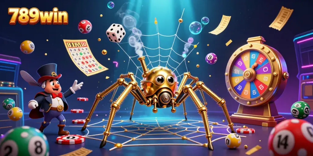 Catch lucky dice in the web while engaging with vibrant lottery elements, showcasing 789win excitement.