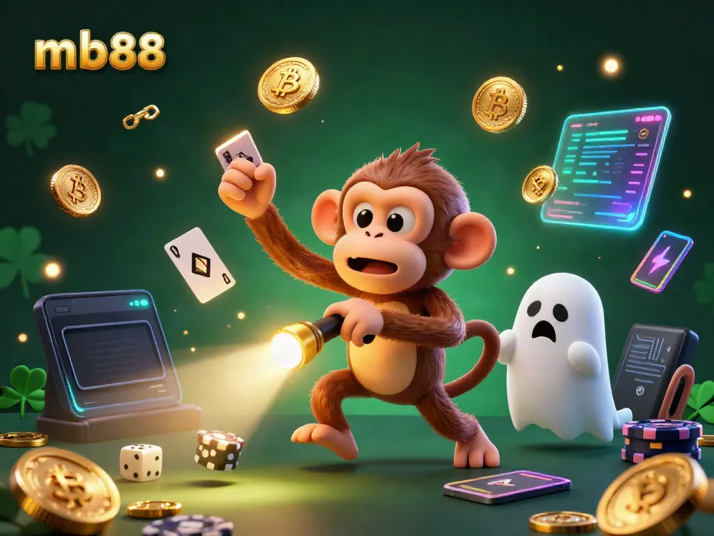 Experience mb88's thrilling gaming scene with a playful haunted monkey and a curious puppy in an enchanted casino.