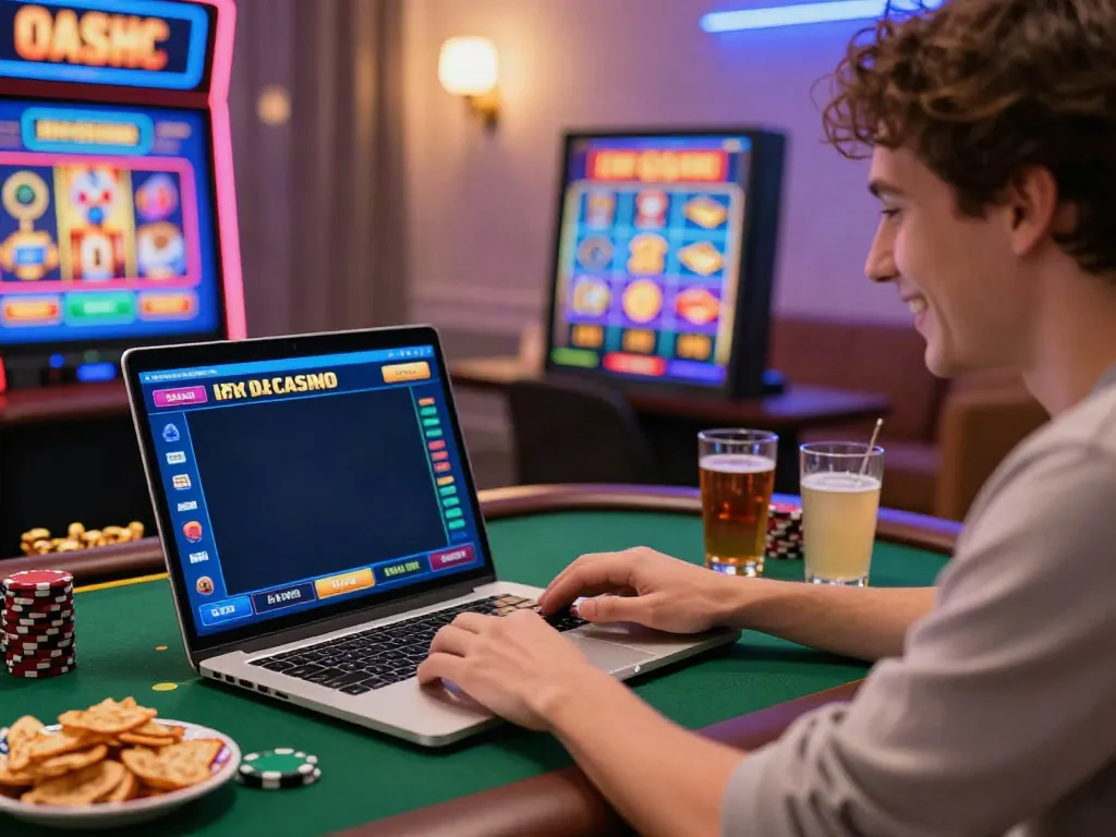 Erfreuter Spieler bei Ica Casino Österreich, umgeben von bunten Casinospiel-Elementen und Snacks im gemütlichen Zuhause.