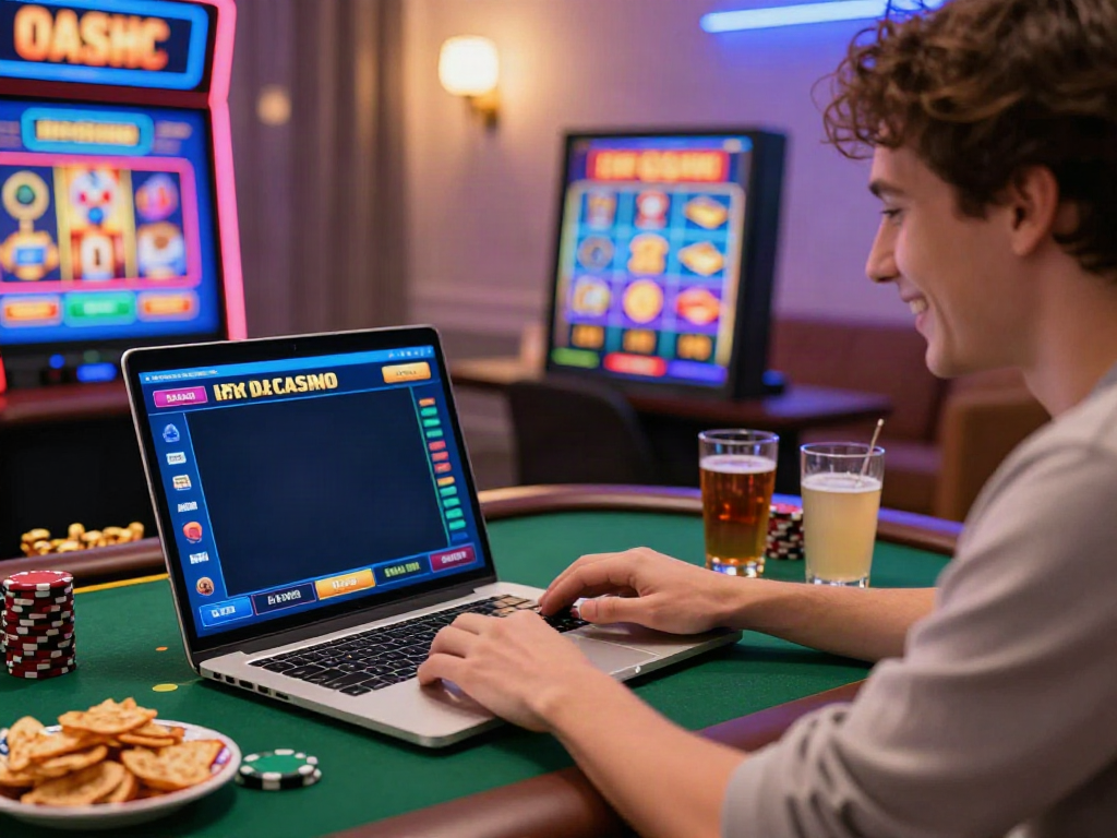 Erfreuter Spieler bei Ica Casino Österreich, umgeben von bunten Casinospiel-Elementen und Snacks im gemütlichen Zuhause.
