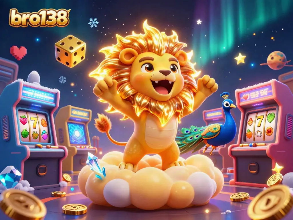 Engage with bro138's vibrant 3D casino landscape showcasing thrilling slot games and iconic elements.