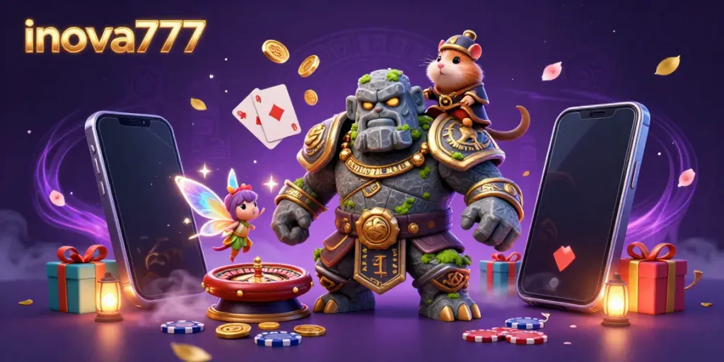 Experience the magic of inova777 with a golem guardian and fairy amidst vibrant slot game elements.
