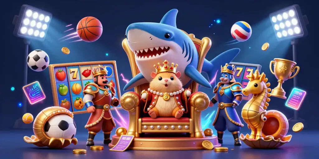 psgslot menghadirkan ilustrasi kasino 3D dengan raja hamster emas dan elemen permainan yang memukau.