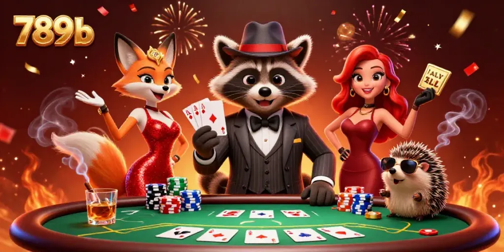 Experience thrilling poker action with 789b's suave raccoon, stunning fox lady, and cool hedgehog bouncer