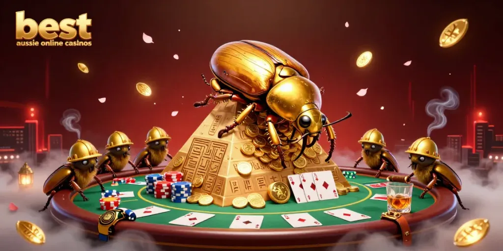 Engage with the best aussie online casinos in this thrilling illustration of a massive golden dung beetle rolling golden coins.