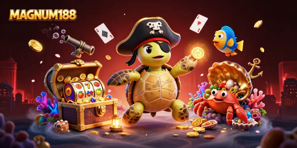 Experience thrilling gaming action with MAGNUM188, where a pirate turtle and friends celebrate above bright slot reels and treasure.