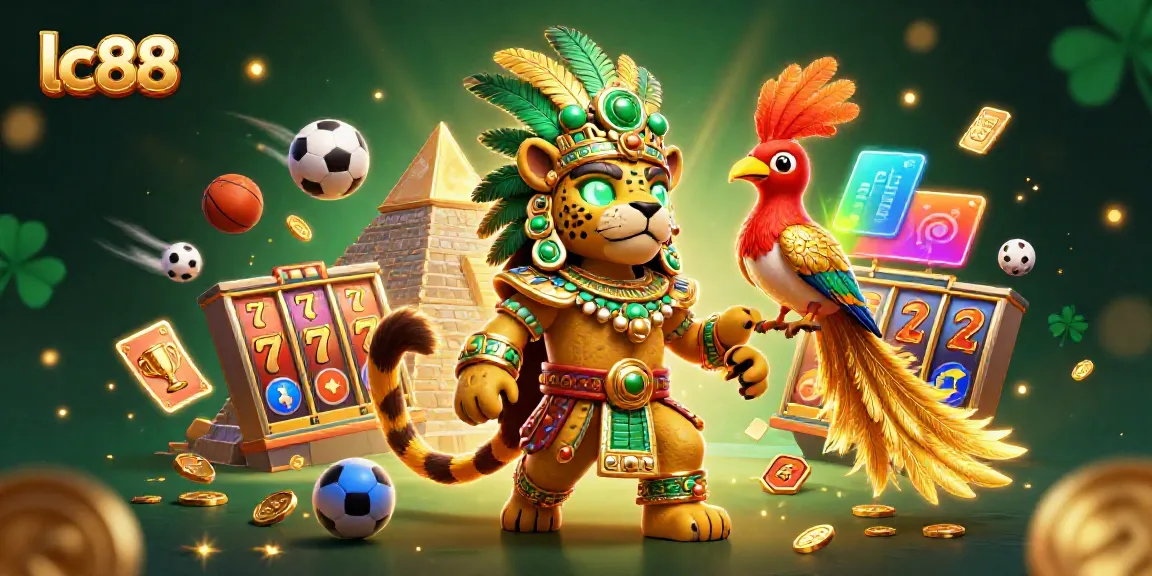 Engage with dynamic lc88 casino scene featuring Mayan priest, bird companion, and vibrant slot elements.