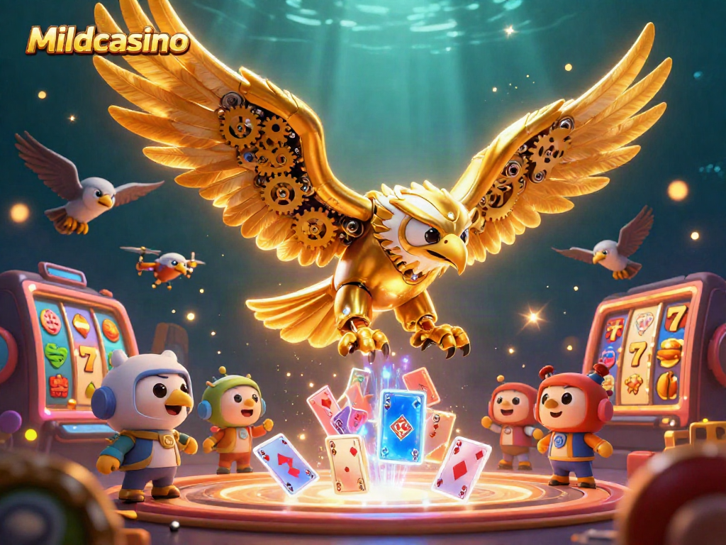 Mildcasino presents a vibrant gambling scene with a cybernetic eagle soaring through holographic cards and slot reels.