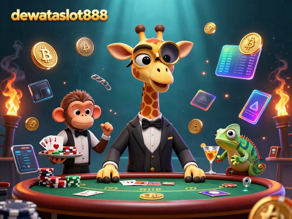 Permainan kartu remi di dewataslot888 dengan jerapah, valet monyet, dan bartender chameleon.