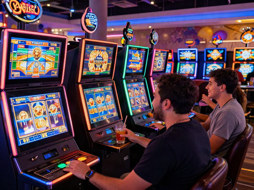 Engaged players enjoying a slot demo game in a lively casino lounge.