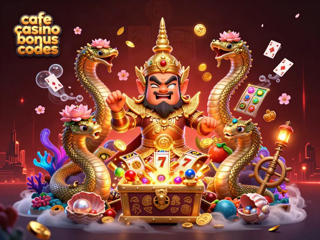 Spin and win with cafe casino bonus codes in a vibrant 3D casino scene full of lucky symbols.