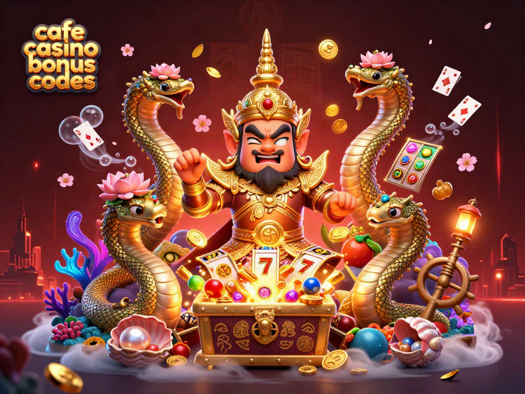 Spin and win with cafe casino bonus codes in a vibrant 3D casino scene full of lucky symbols.