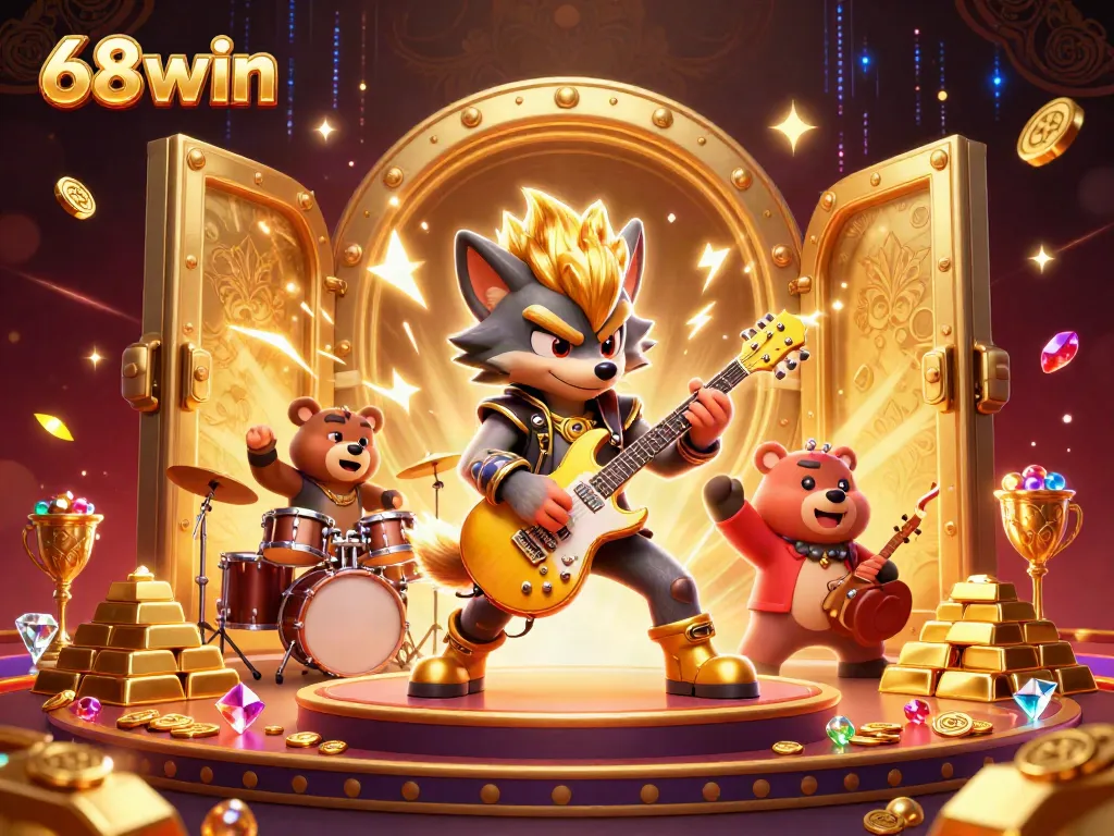 Engage in thrilling 68win casino action with a cartoon rock star wolf and a drummer bear unleashing a vibrant show.