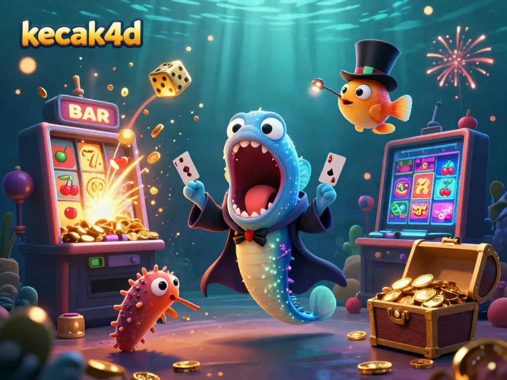 Engaging game scene featuring kecak4d's bioluminescent eel performing card tricks amid a jackpot explosion, capturing excitement.