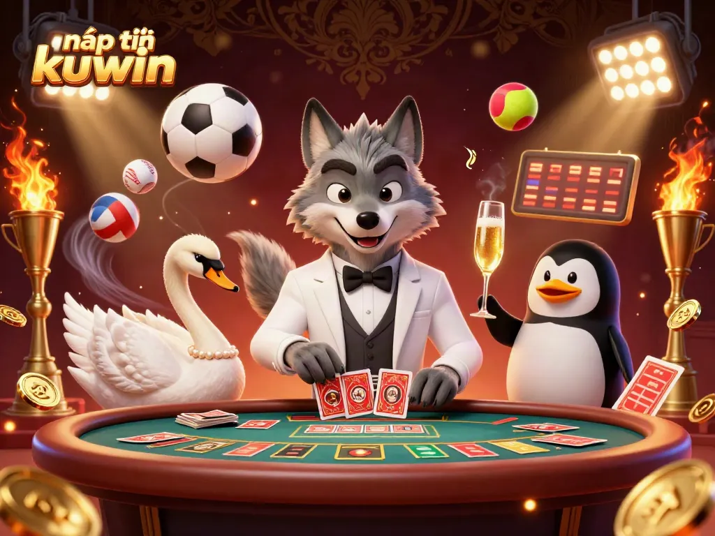 Nạp tiền kuwin with dynamic characters in 3D casino scene, showcasing engaging gaming atmosphere.