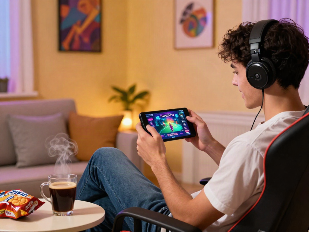 Engaged player enjoying luxury12 on a mobile device in a cozy setting.