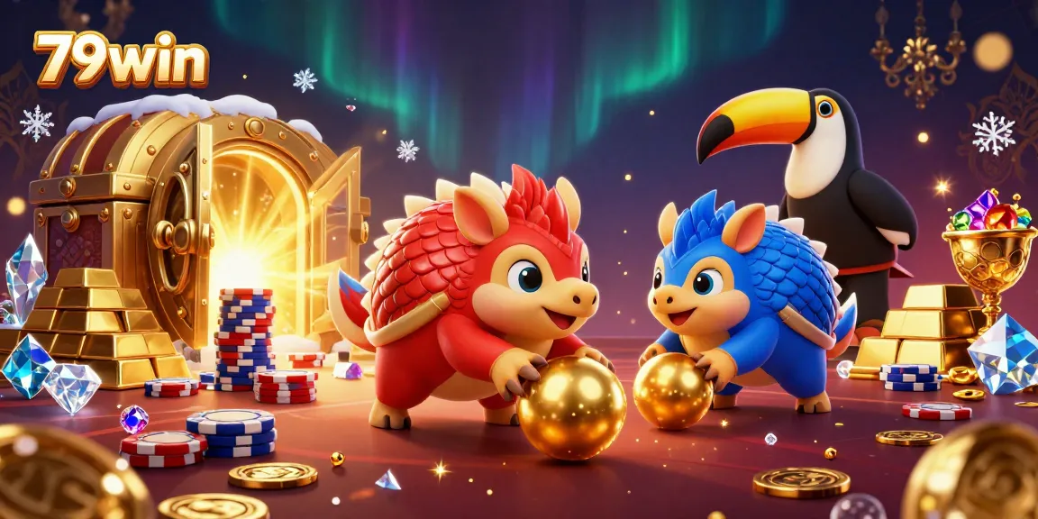 Engage in excitement with 79win as pangolins roll golden balls and bow through poker chips in a vibrant casino