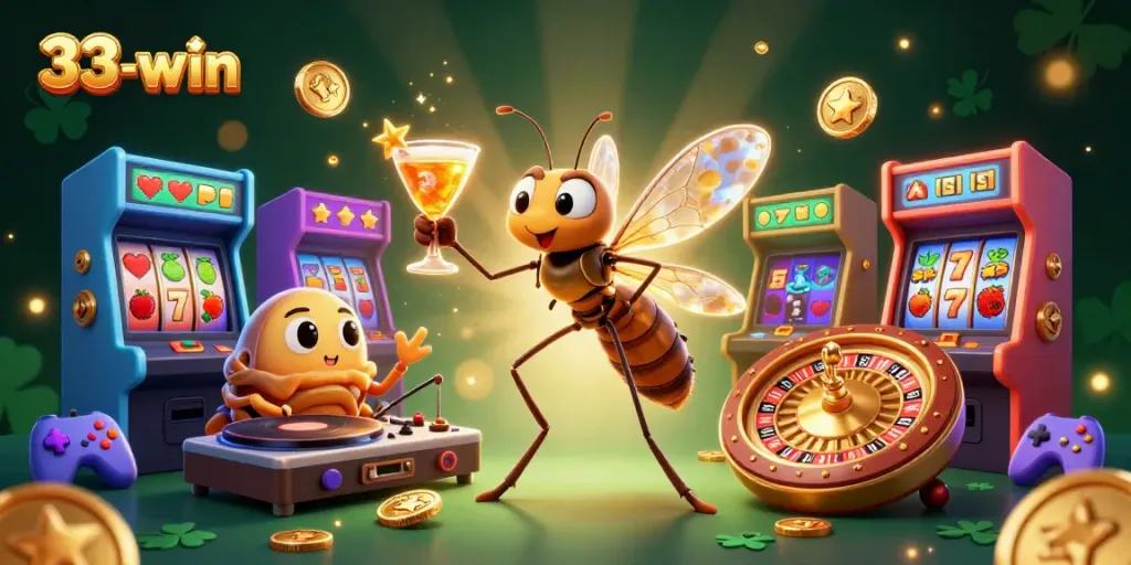 Experience thrilling wins at 33-win with a vibrant casino atmosphere featuring animated characters and dynamic gaming elements.