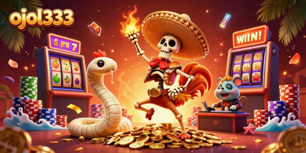 Experience vibrant casino action with ojol333 featuring animated skeleton rooster and dynamic gaming elements.