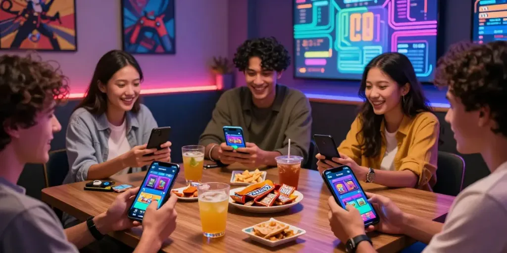 Engaged players enjoying Yono Arcade on mobile devices in a lively gaming lounge.