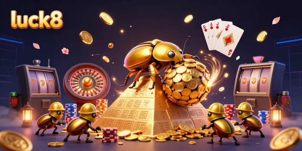 Engage with luck8's vibrant gaming scene showcasing golden beetles and casino symbols.