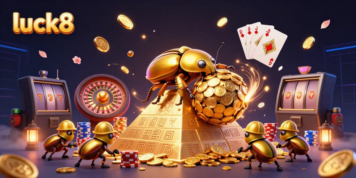 Engage with luck8's vibrant gaming scene showcasing golden beetles and casino symbols.