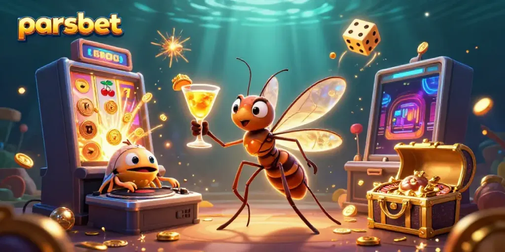 Parsbet ile canlı casino atmosferinde 3D ilustrasyon, eğlenceli detaylar ve slot makineleriyle dolu.
