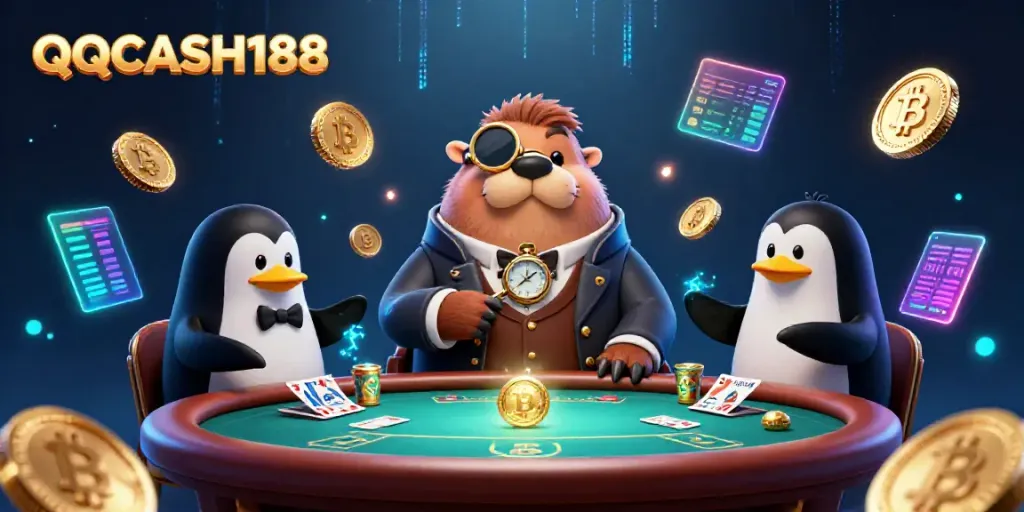 Play poker with QQCASH188's jolly walrus, penguin dealer, and bluffing pufferfish at an underwater table.