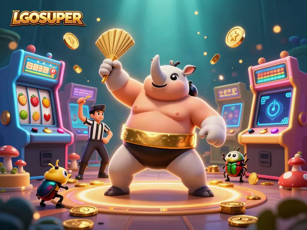 Engage with LGOSUPER while the sumo champion beetle stomps, unleashing coins in a vibrant casino setting.