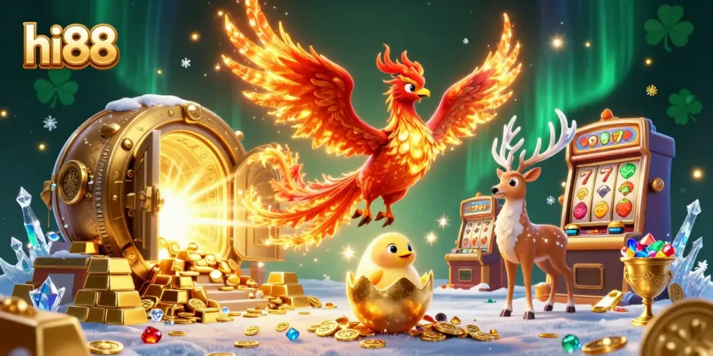 Engage with hi88's thrilling world of slots, featuring a phoenix and treasure in an immersive scene.