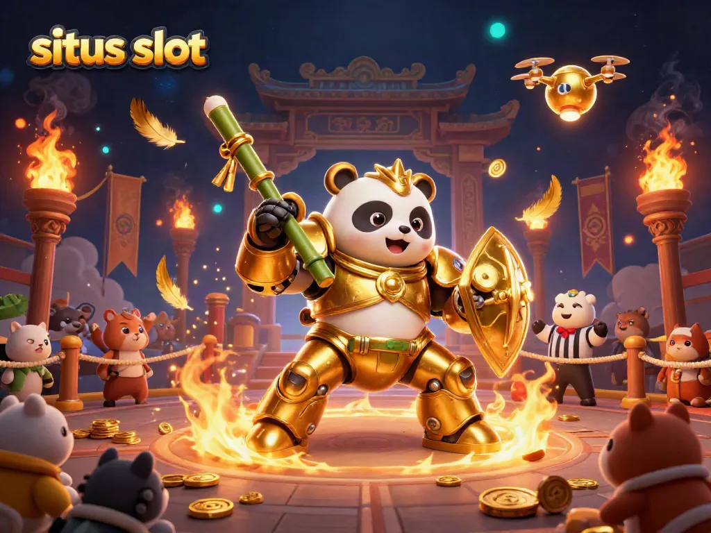 Gambarkan situs slot dengan panda emas mecha bertarung di arena slot menggairahkan dengan penonton hewan.