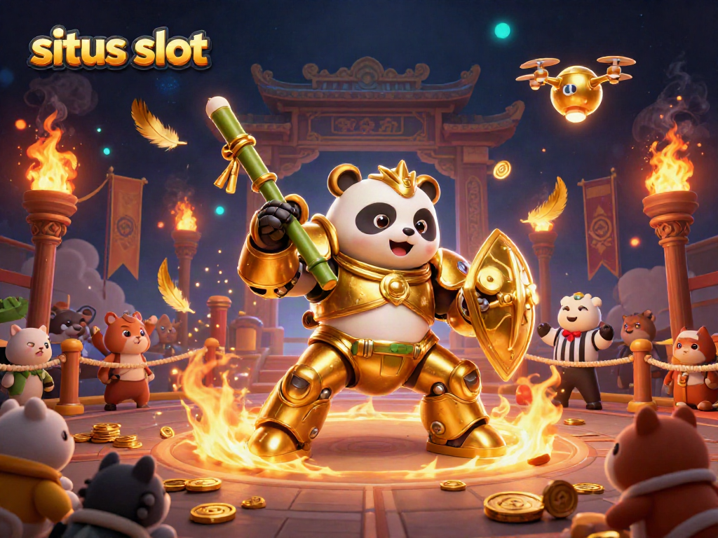 Gambarkan situs slot dengan panda emas mecha bertarung di arena slot menggairahkan dengan penonton hewan.