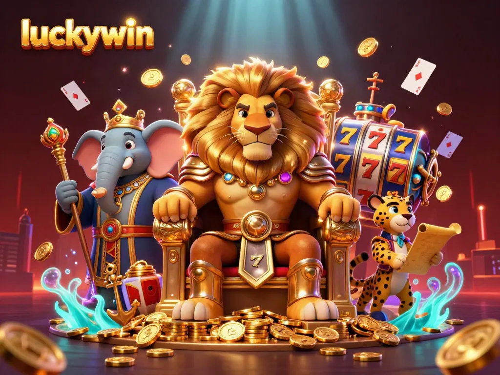 Experience thrill at luckywin, where a lion king presides over a vibrant casino realm surrounded by slot reels and lucky 7s.