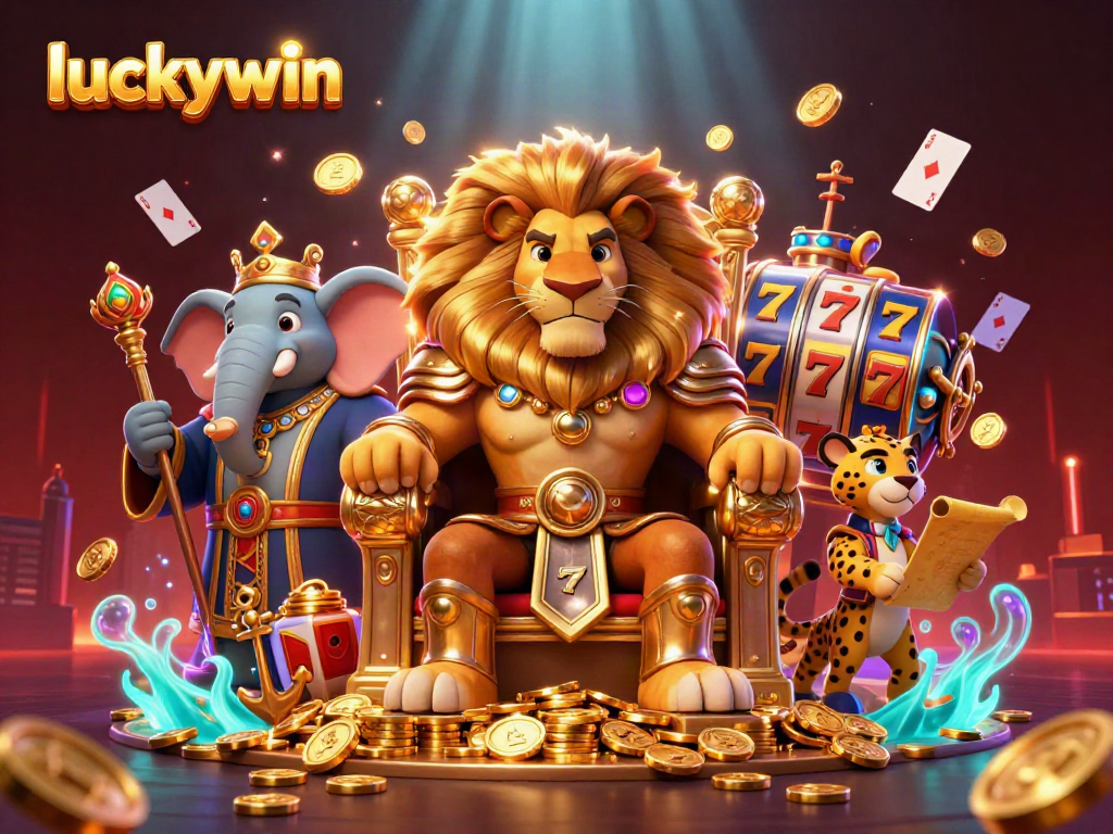 Experience thrill at luckywin, where a lion king presides over a vibrant casino realm surrounded by slot reels and lucky 7s.