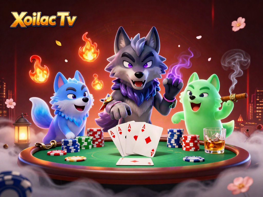 Xoilac Tv transforms the gaming experience with a dramatic poker scene featuring energetic wolf characters.