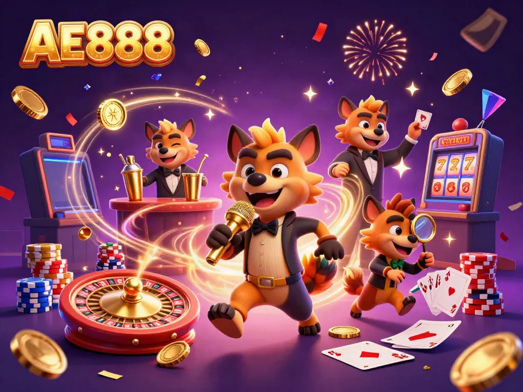 Experience gaming excitement with AE888 in a dynamic casino scene featuring hyenas as entertainers.