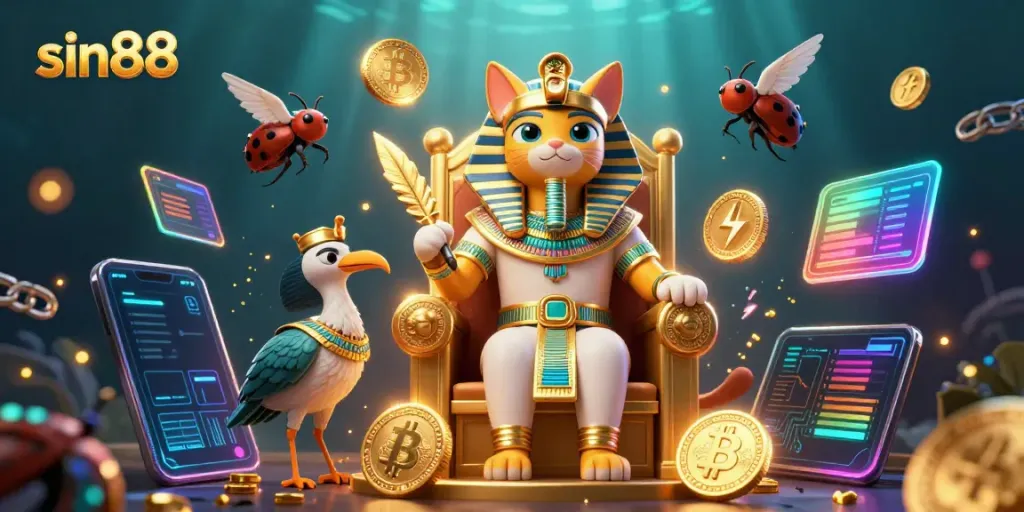 Experience sin88's vibrant online gambling through this colorful 3D illustration showcasing its unique characters and gaming elements.