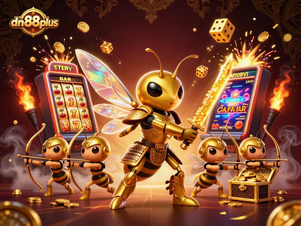 Spin the reels at dn88plus, where golden hornets bring jackpot excitement in a vibrant casino scene.
