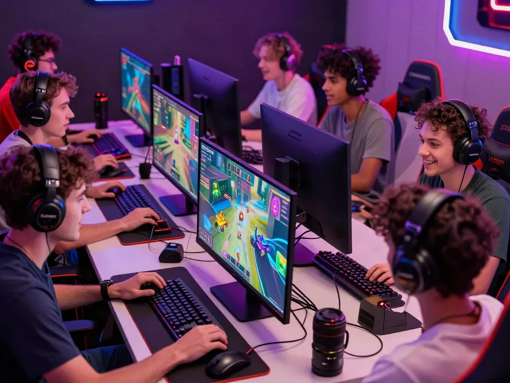 Players enthusiastically participating in online gaming at luxury111 with vibrant neon lights.