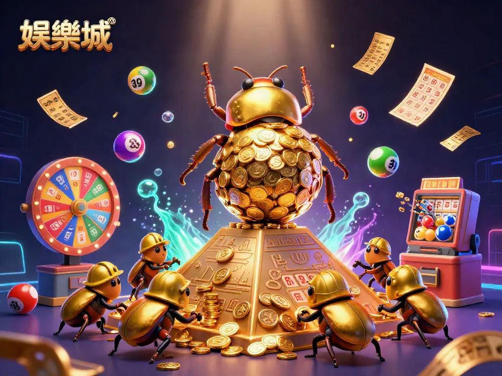 在娱乐场中，金色甲虫滚动着纯金硬币，展现梦幻般的赌博世界。