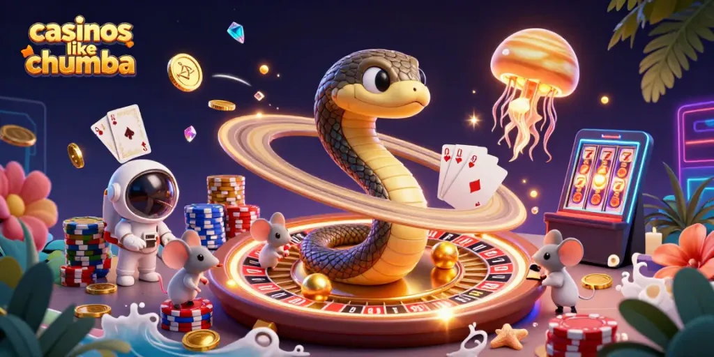 Spin reels and win big at casinos like Chumba with vibrant cartoon scene and action-packed gaming.
