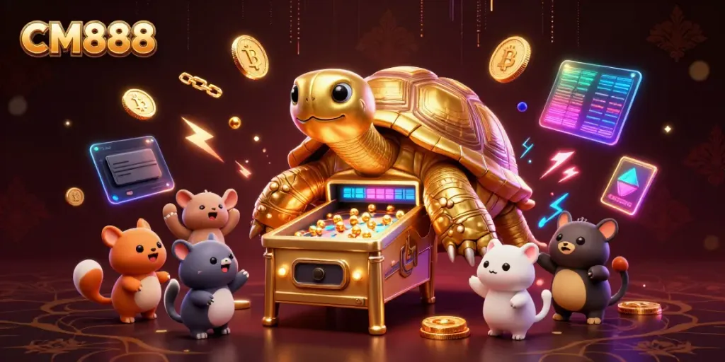 Experience the excitement at CM888's vibrant casino scene, featuring unique golden tortoise and animated crypto elements.